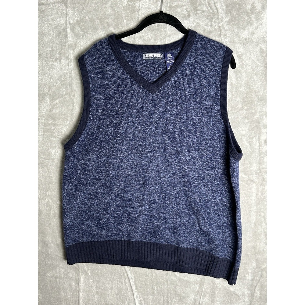 Structure Sweater Vest Mens L Blue lambs wool  V-Neck Pullover
